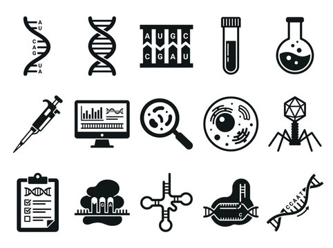 Genetics and Molecular Biology Icon Set - Biotechnology, DNA Research, Laboratory Equipment, and Medical Science Symbols for Education and Web Design