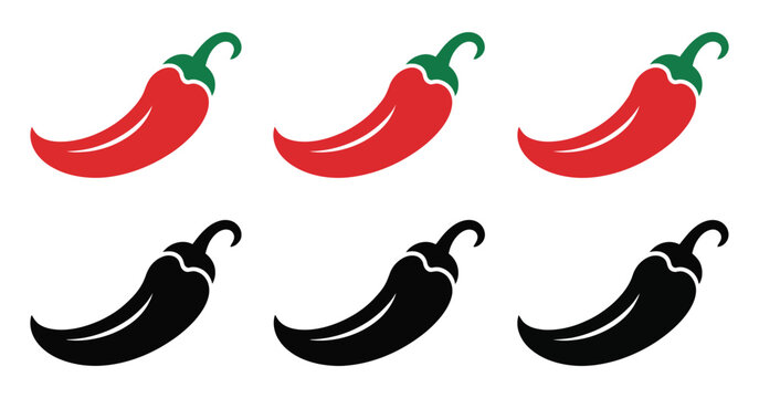 Six chili pepper icons red and black variations for spicy food design, modern heat rating graphic set, clean editable vector icons suitable