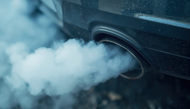 Smoke from Car Exhaust: An up-close view reveals thick, billowing exhaust fumes exiting a car's exhaust pipe, signifying pollution and environmental impact.