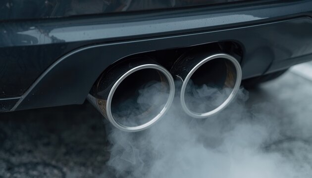 Exhaust Emissions: Close-up of car exhaust pipe releasing a cloud of smoke, symbolizing environmental concerns and the impact of transport on air quality.