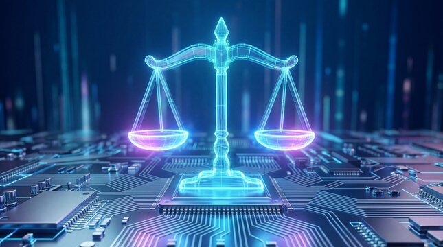 Legal balance scale on futuristic cyber technology background