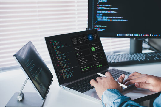 AI deployment process on laptop with CI CD pipeline interface and successful system rollout in modern workspace, developer managing software release with real time status dashboard, code environment