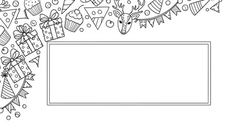 Hand Drawn Birthday Party Frame With Gifts and Reindeer. © Dary_Hamidudin