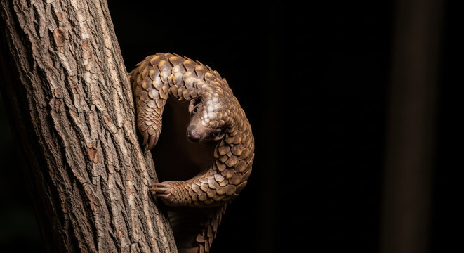 Indian Pangolin Climbing on a Tree at Night