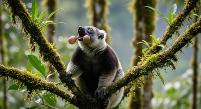 Indri Lemur Singing Loudly with Fruit in a Tree
