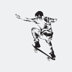 Fototapeta premium A black and white illustration of a skateboarder performing a trick mid-air.