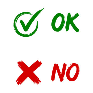 Hand drawn green check mark and red cross icons vector set