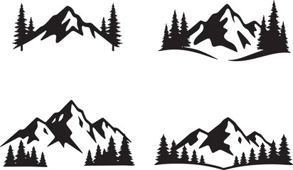 Fototapeta premium Minimal Mountain Logo Bundle Set, Modern Nature Landscape Silhouette Vector Collection with Forest and Peak Elements, Art & Illustration