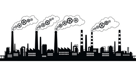 Obraz premium Industrial factory silhouette with gear icons in smoke clouds.