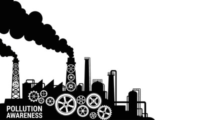 Industrial factory silhouette with smoke and gears representing pollution awareness. © Dary_Hamidudin