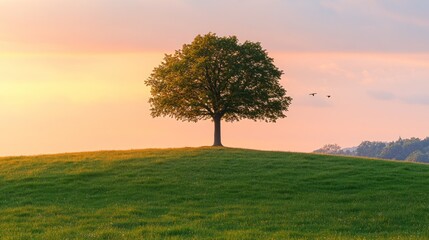 Fototapeta premium Solitary tree atop a grassy hill at sunset