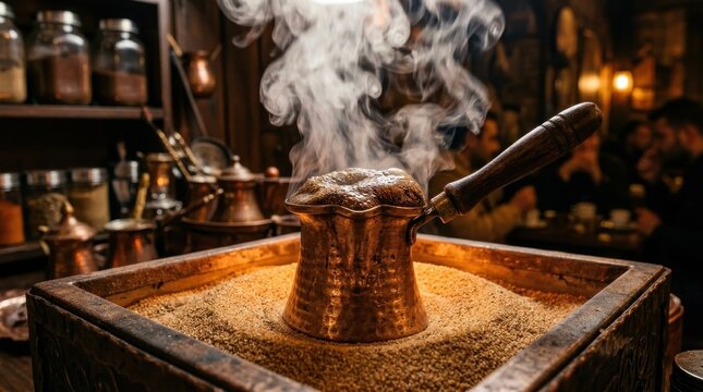 Brewing traditional Turkish coffee in hot sand with steam rising from the cezve, an iconic cultural experience
