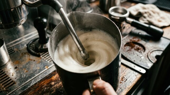Close-up of a skilled barista's hand expertly frothing milk in a stainless steel pitcher, creating creamy foam for a delicious coffee beverage in a bustling cafe environment