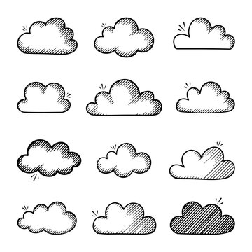 Set of cute hand drawn sketch clouds icons for weather design