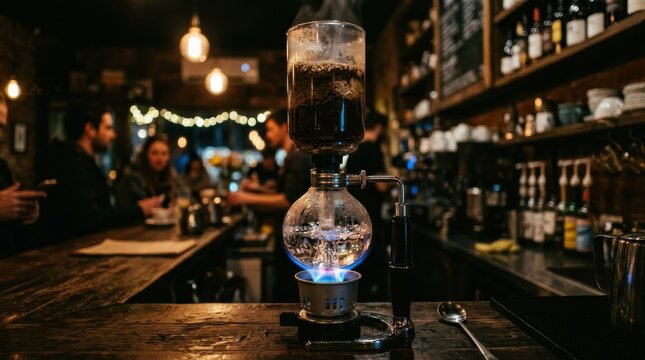 Coffee brewing with a siphon in a dimly lit cafe, showcasing the artisanal process and cozy atmosphere