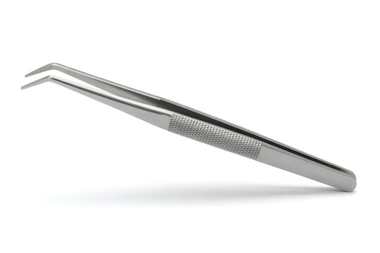 Stainless steel angled tweezers with knurled grip on white background