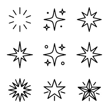 Minimalist line art star and sparkle icons set for magic decoration