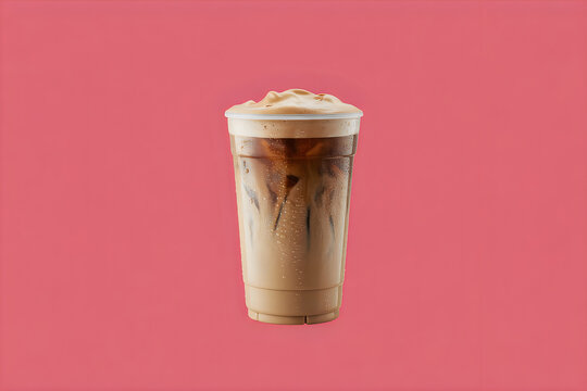 Tall plastic cup of iced coffee with creamy foam on a solid pink background
