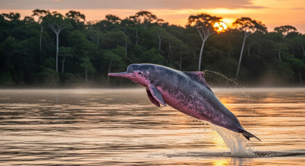 Fototapeta premium Pink River Dolphin Leaping at Sunset in the Amazon River