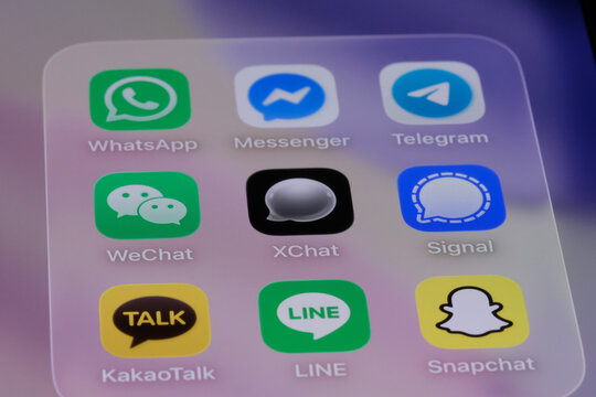 Shanghai,China-Apr.26th 2026: Messaging apps icons, WhatsApp, Messenger, Telegram, WeChat, XChat, Signal, KakaoTalk, LINE, and Snapchat.