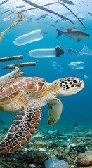 Obraz premium Sea Turtle Swimming Amidst Plastic Pollution - A Call for Ocean Conservation.