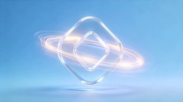 Transparent geometric diamond shapes interlinking with glowing light rings on blue background