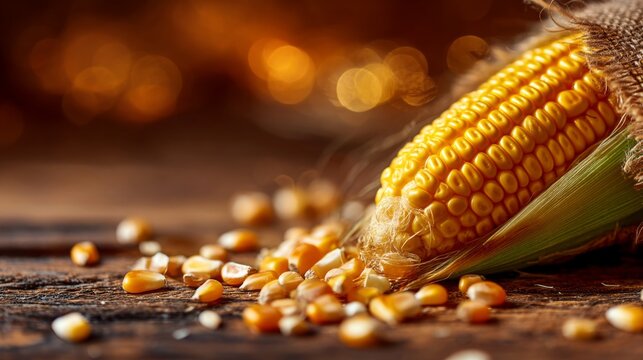 Fresh golden corn on wooden surface with scattered kernels, showcasing natural textures and warm tones in a rustic autumn setting.