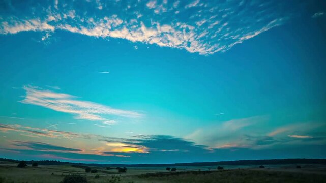 Beautiful sunset landscape with clouds and airplane trail