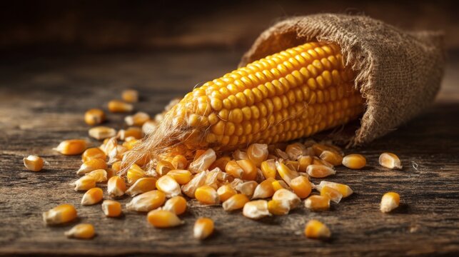 Freshly harvested corn on rustic wooden surface with scattered kernels and burlap cloth, showcasing natural textures and organic elements for agriculture theme