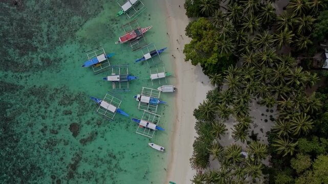 Drone flying upwards from Papaya Beach. Top down view of coral reefs, traditional boats and palm trees revealing the beauty of El Nido, Philippines.
