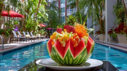 Obraz premium Exotic Fruit Bowl by Pool: Watermelon, Strawberries, Tropical