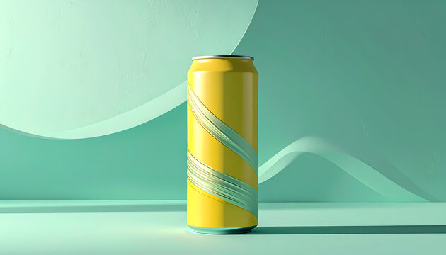 Yellow drink can with flowing abstract ribbon design on mint green background in minimalist studio product shot perfect for graphic design projects