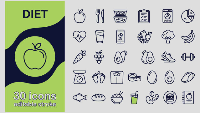 Diet and nutrition icons set including food healthy lifestyle and fitness symbols  editable stroke