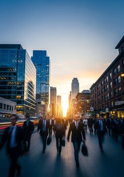 Commuters rush down a city street bathed in the bright glow of the setting sun.