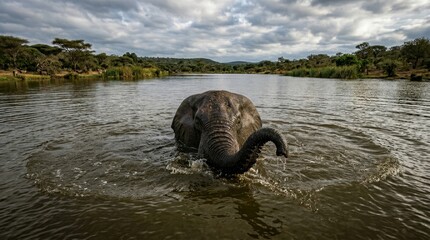 Fototapeta premium African elephant emerging from water dramatic wildlife scene close up trunk and face