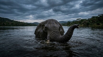 Fototapeta premium African elephant emerging from water dramatic wildlife scene close up trunk and face