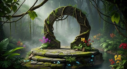 Naklejka premium Ancient circular stone portal in lush misty tropical jungle