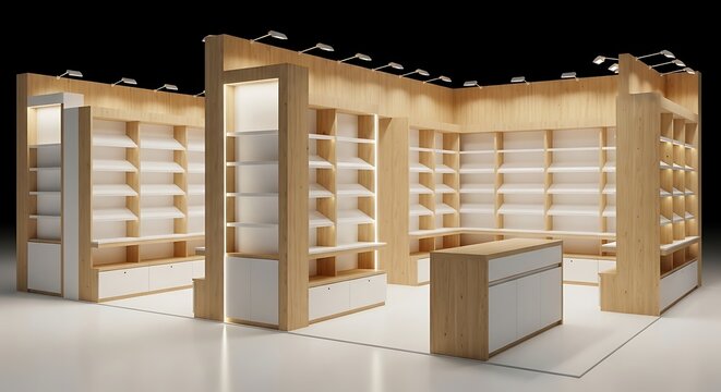 Modern retail store interior design with wooden shelves and display cases.