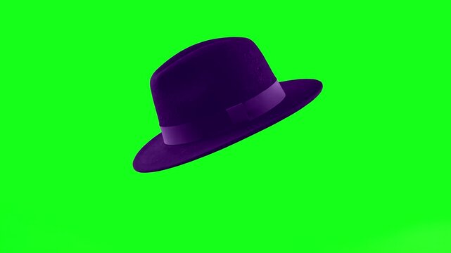 A stylish 3D purple fedora hat with a matching ribbon. Isolated on a green screen, featuring a smooth rotation for fashion, mystery, or character design video content.