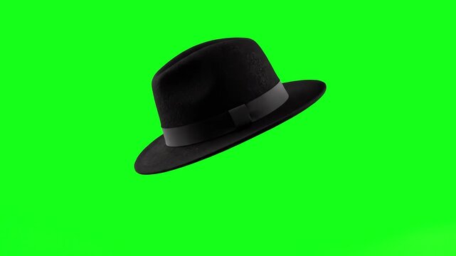 A realistic 3D model of a black felt fedora hat with a dark grey ribbon. The background is a solid, uniform chroma key green, allowing for professional isolation and placement on any character or scen