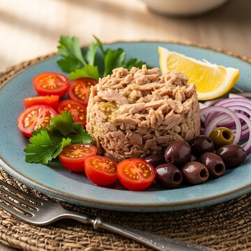 Appetizing mound of shredded fish served with fresh vegetables and citrus on a plate