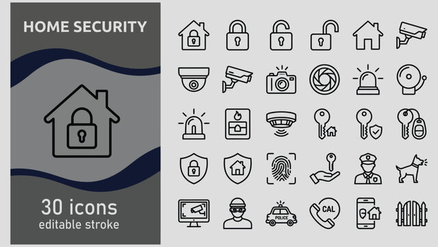 Home security icons set with editable stroke including house lock shield camera alarm  twenty nine pieces