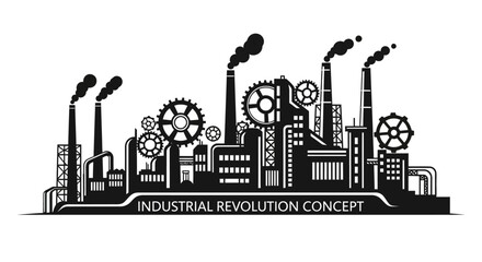 Obraz premium Industrial Revolution Concept Factory Silhouette with Gears and Smokestacks.