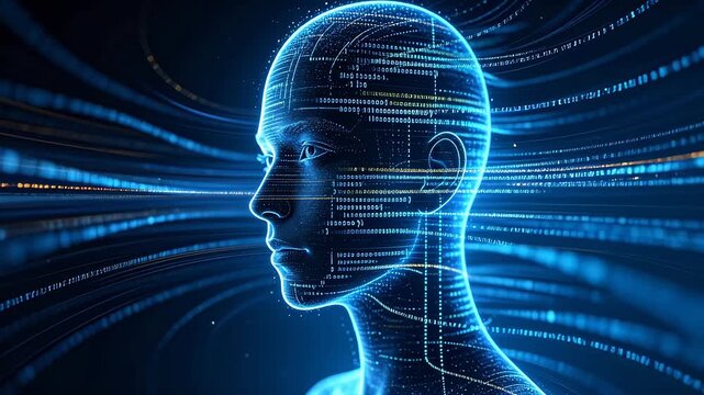 Blue digital human head silhouette with flowing binary code and data streams
