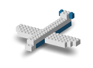 Naklejka premium White and blue airplane made by realistic plastik constructor parts isolated on white background. Fly travel concept. 3D rendered vector illustration