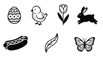 Obraz premium A collection of simple black and white icons representing Easter and spring themes.