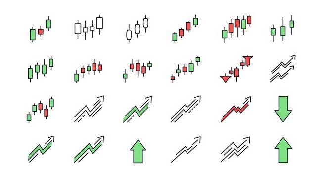 Collection of stock market candlestick charts and upward trending arrows with candlestick chart trending investment business analysis