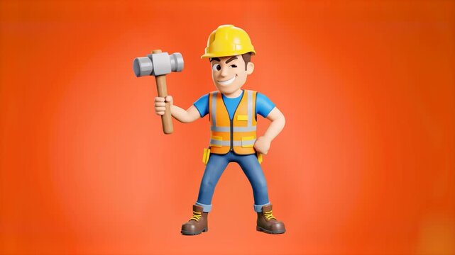 A friendly 3D rendered construction worker wearing a yellow hard hat and safety vest. He is holding a heavy sledgehammer and posing confidently against a solid orange background.