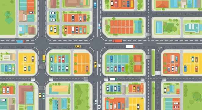 Top down view of a vibrant city neighborhood with streets and buildings.