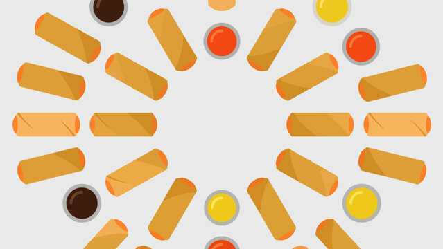 Flat lay illustration of spring rolls and various dipping sauces arranged in a circular pattern on a light background.